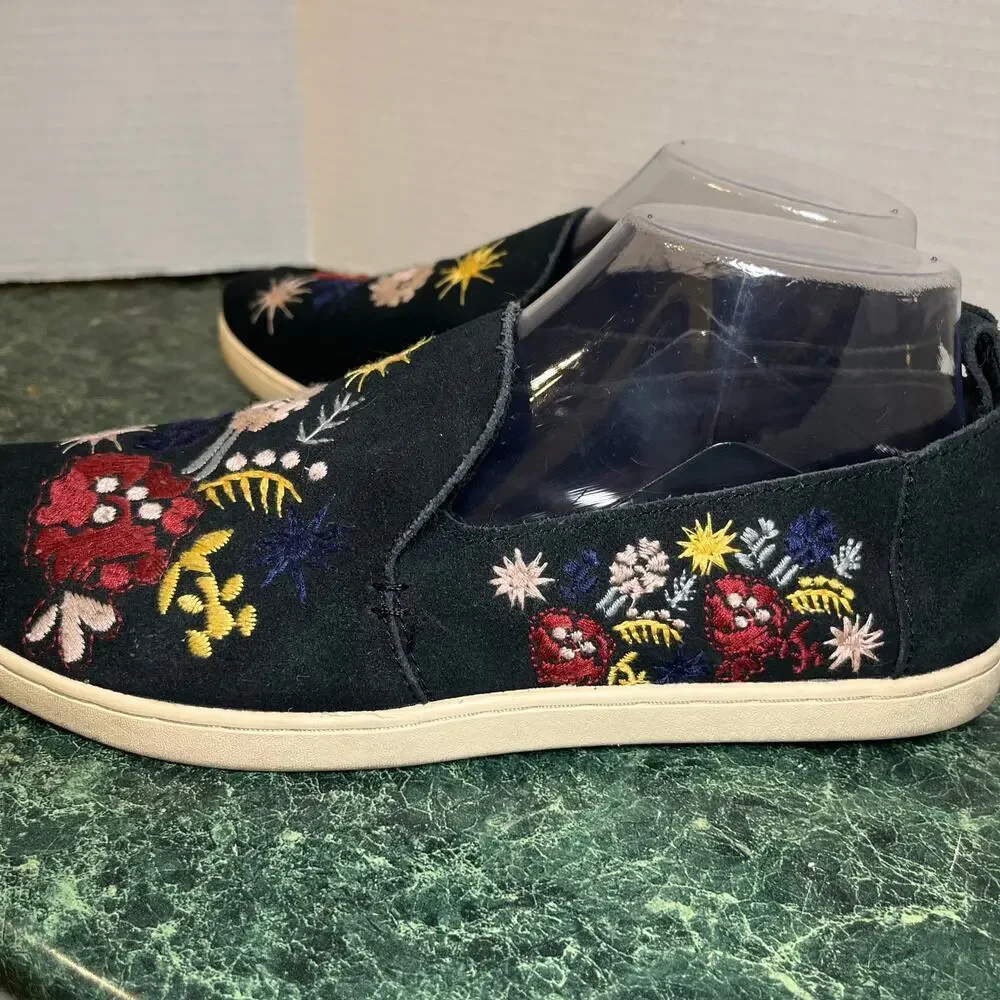 TOMS Alpargata Black Suede Floral Embroidered Slip On Flats Size 8.5 Boho
